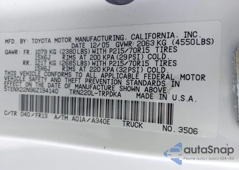 2006 Toyota Tacoma z USA, uszkodzony, nr VIN 5TENX22N96Z194140